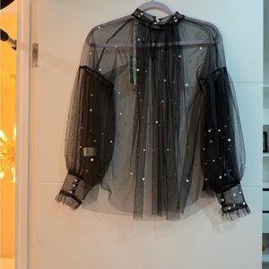 Elegant Black Sheer Top with Pearl Accents